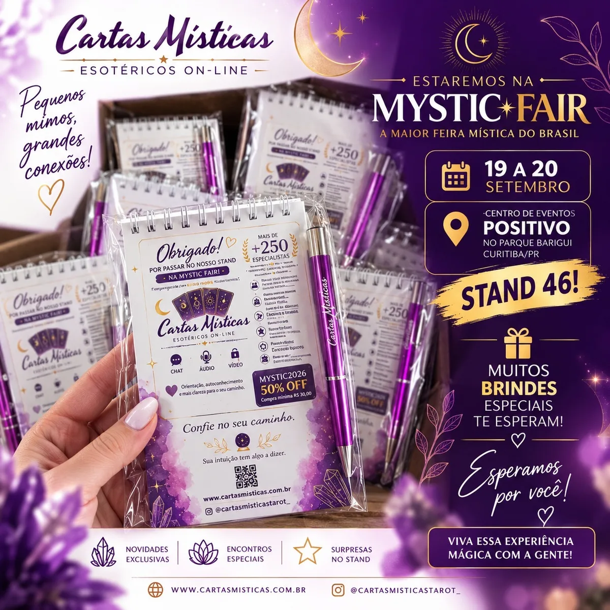 Bloco de anotações e caneta da Cartas Místicas com o cupom MYSTIC2026 de 50% OFF