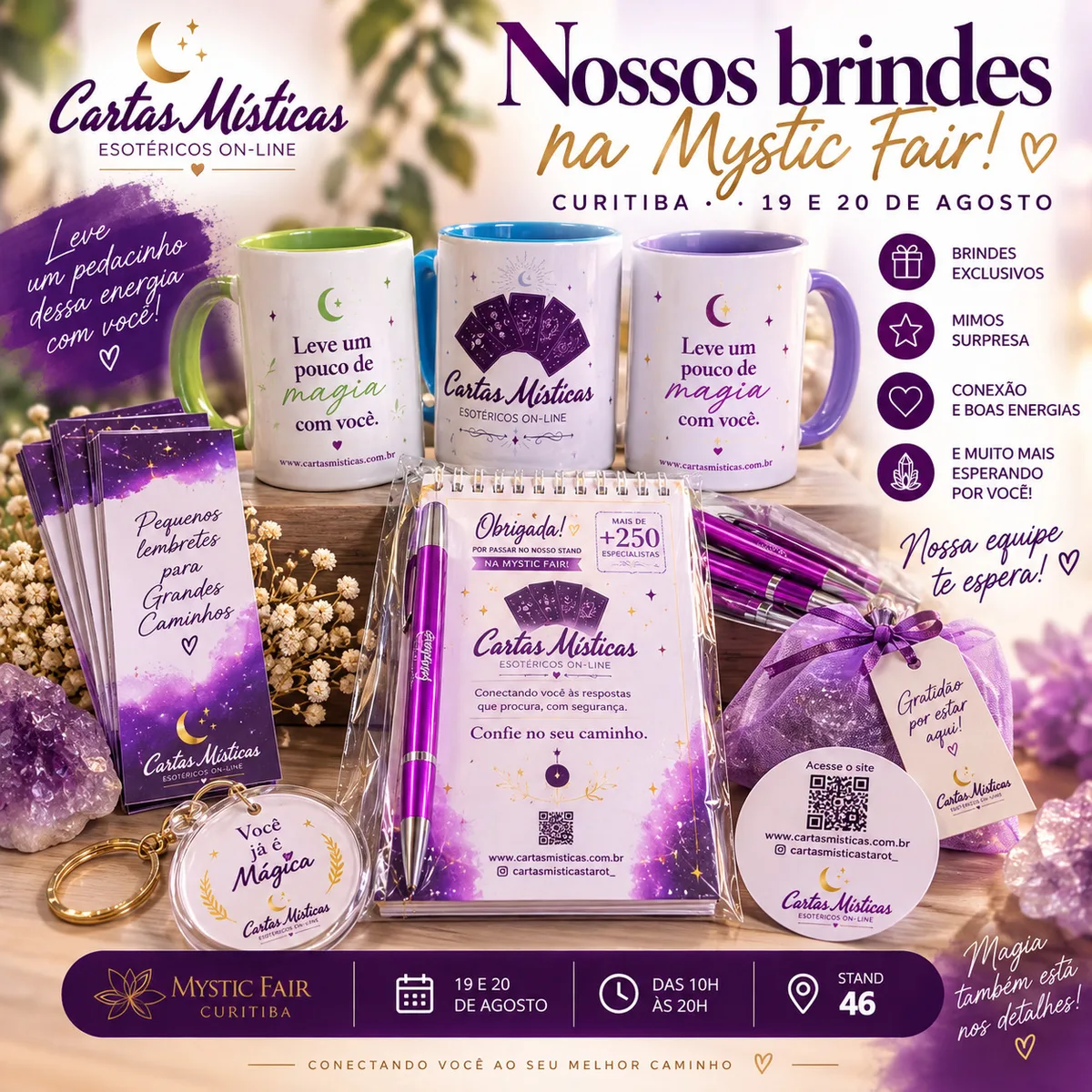 Kit de brindes da Cartas Místicas: canecas, blocos de anotações, canetas roxas, marcadores de página, chaveiro e saquinho de gratidão